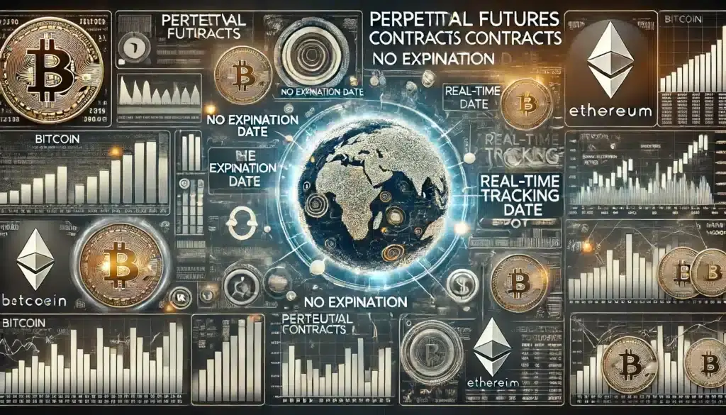 DALL·E 2024 06 18 16.13.03 A detailed infographic style image representing perpetual futures contracts in cryptocurrency trading. The image should visually depict the concept of